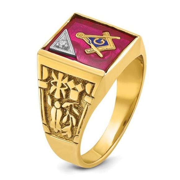 Men's 14k Gold Lab Created Ruby and Diamond Blue Lodge Master Masonic Ring - Picture 5 of 9